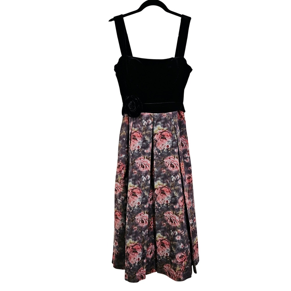 Adrianna Papell Black Velvet Floral Midi Cocktail Dress 10 Hoco Party Romantic